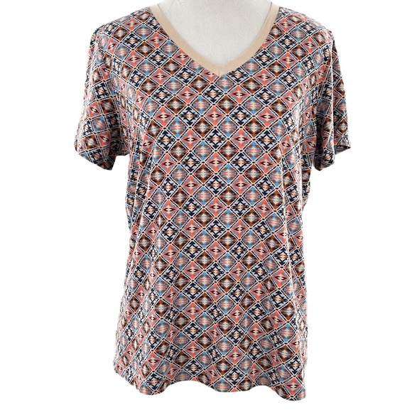 Lands end womens top size S/P 6-8 multicolored diamond tribal print v-neck - Picture 1 of 11